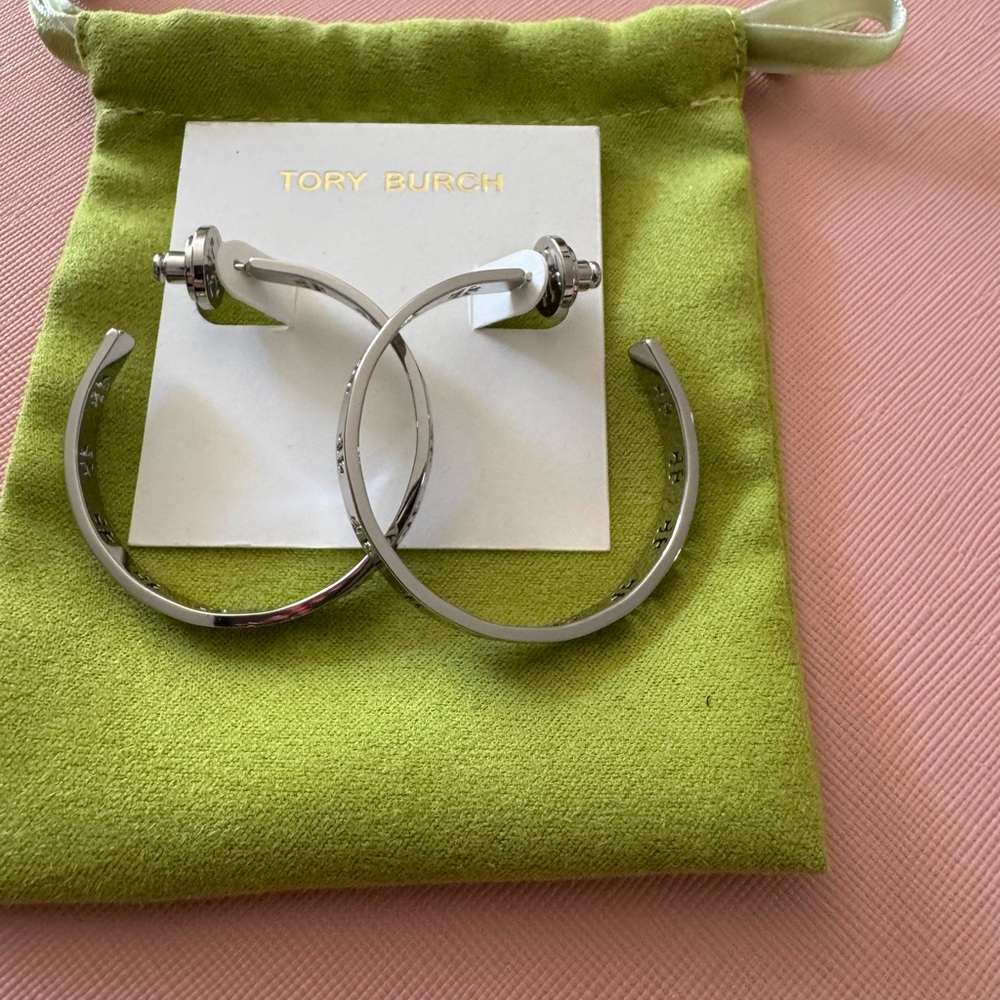 Tory Burch Shiny Silver Hoop Earrings